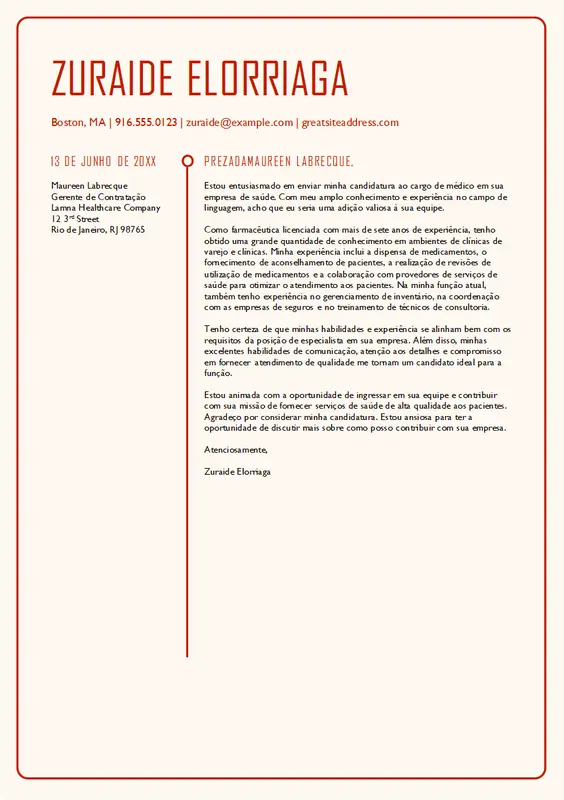 Carta de apresentação cronológica moderna