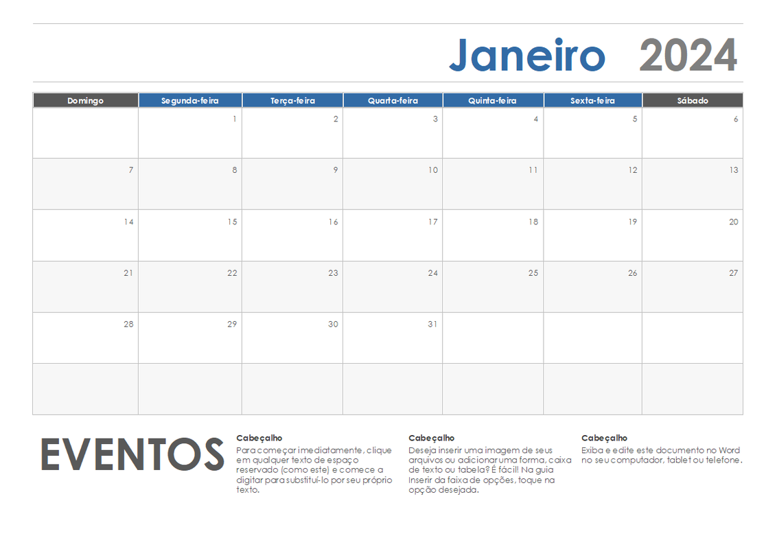 Calendário horizontal (início no domingo) blue modern-simple