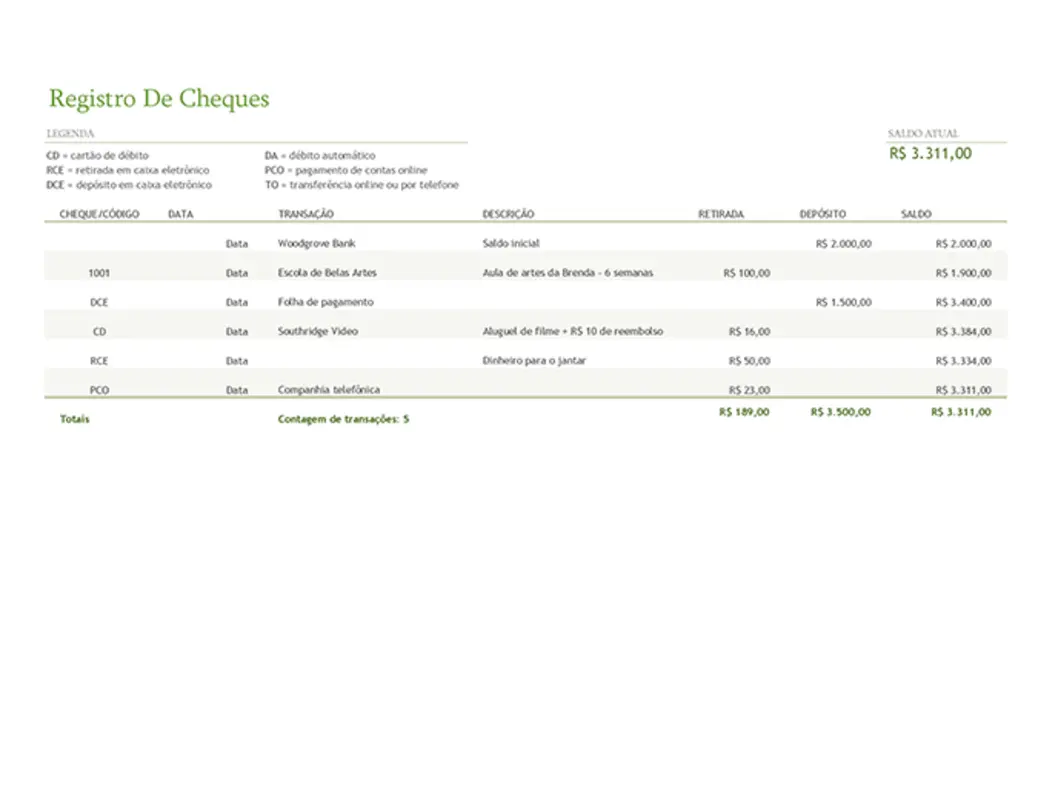 Registro de cheques com códigos de transação brown modern simple