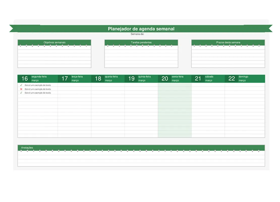 Planejador de agenda semanal green modern-simple