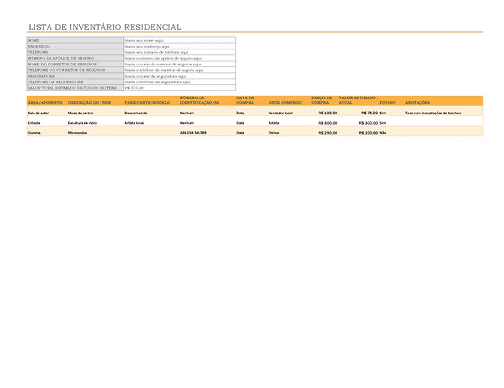 Inventário de conteúdo doméstico modern simple