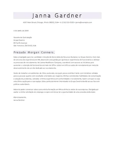 Carta de apresentação clássica para RH com ATS