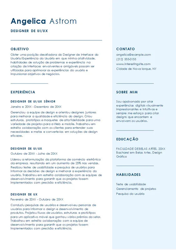 Currículo de designer de interface do usuário/experiência do usuário simples