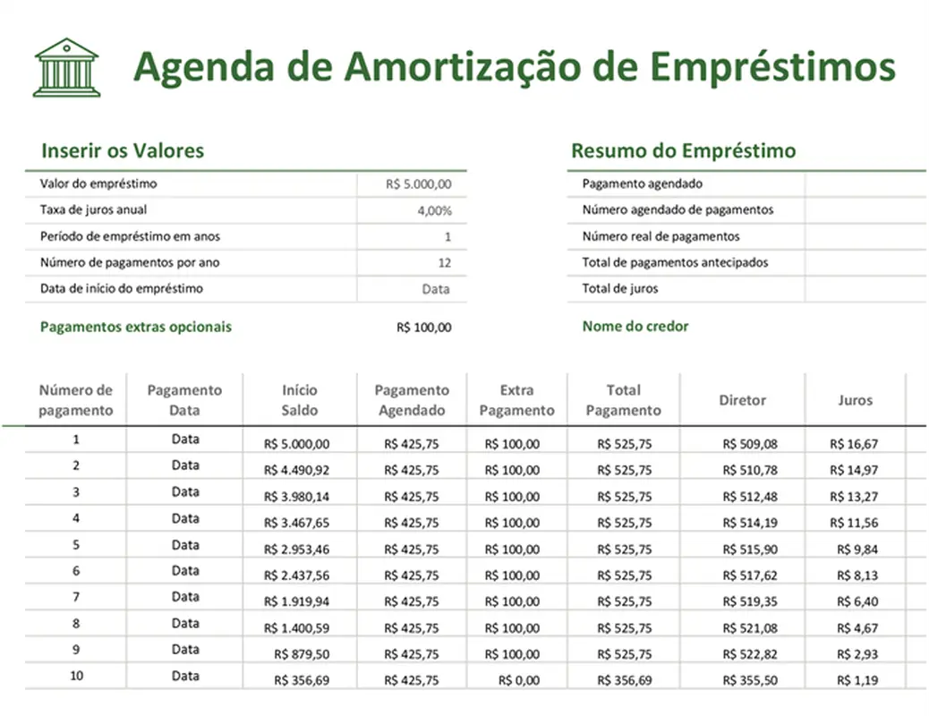 Agenda de amortização do empréstimo modern-simple