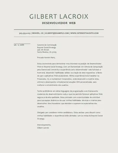 Carta de apresentação moderna para desenvolvedor Web