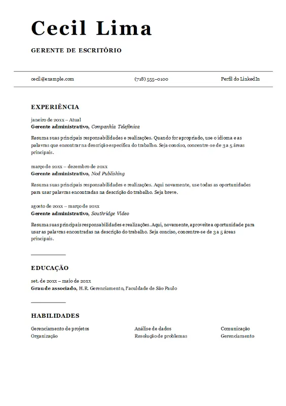 Currículo de gerente de escritório da ATS modern simple