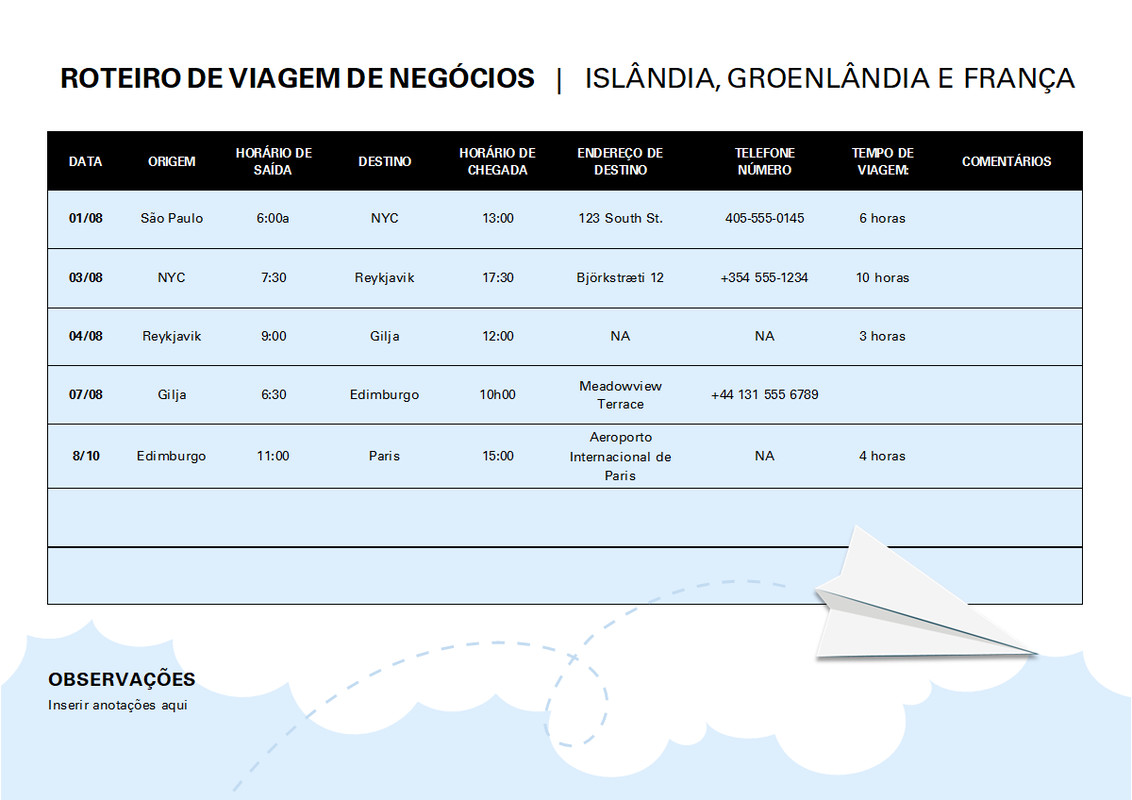 Itinerário de viagem de negócios blue modern simple