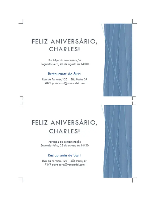 Convites de festa com laço azul (dois por página) organic simple