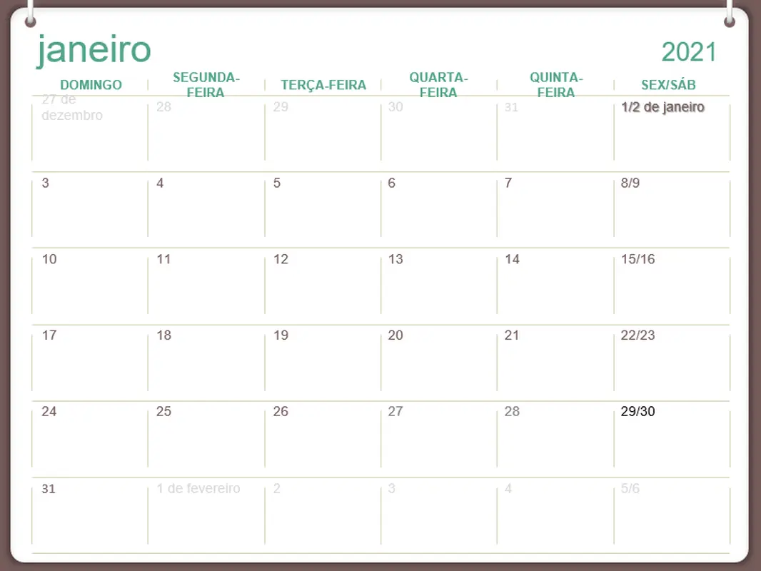 Calendário clássico de parede (domingo a sábado, design de dois anéis) modern-simple