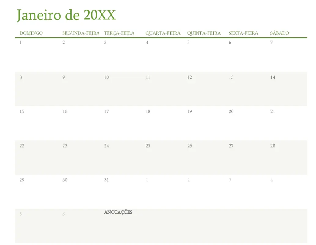 Calendário para qualquer ano (um mês por guia) green modern-simple