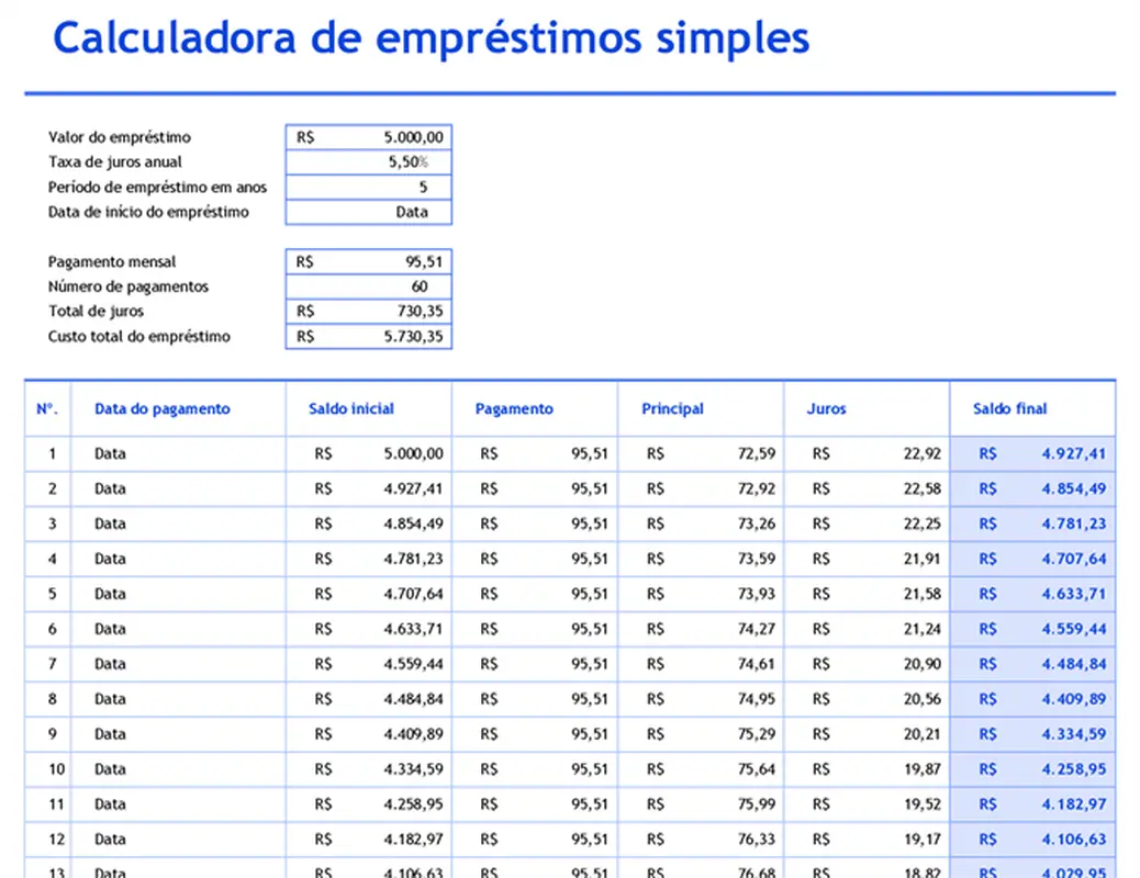 Calculadora de empréstimo simples e tabela de amortização modern simple