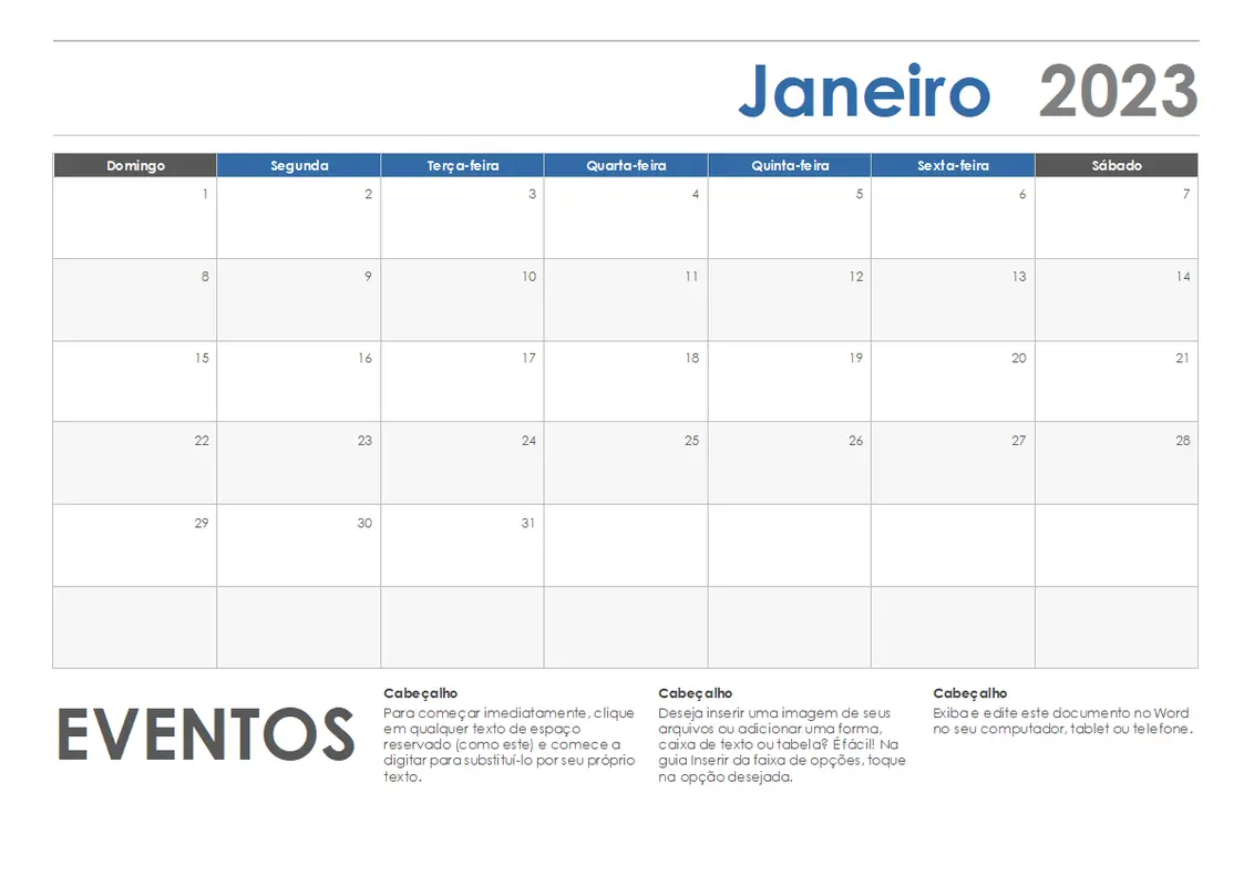 Calendário horizontal (início no domingo) modern-simple