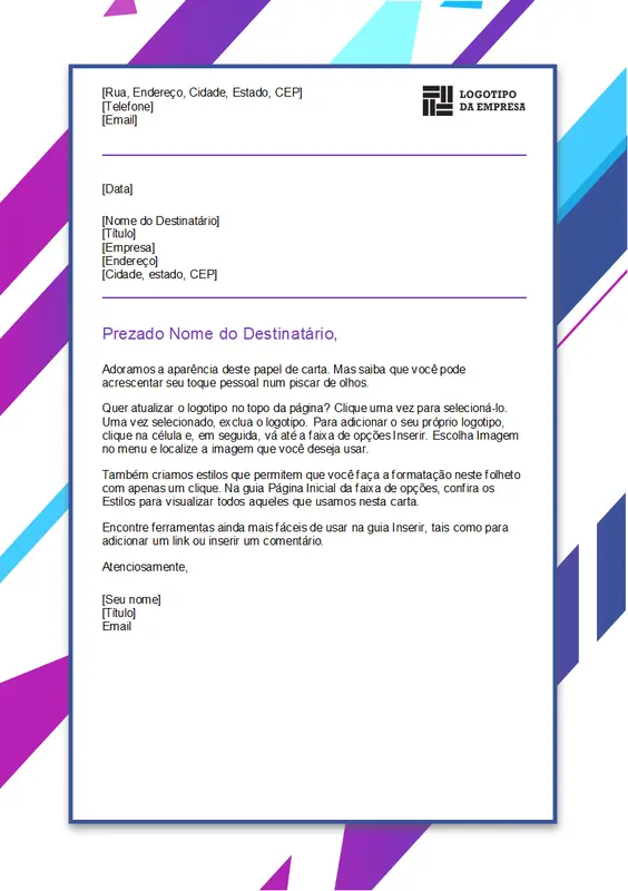 Papel timbrado com elemento gráfico roxo modern-geometric