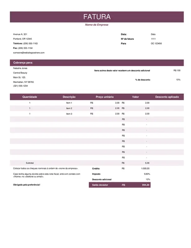 Fatura de vendas colorida modern simple