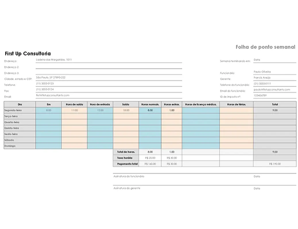 Folha de ponto semanal (27,9 x 21,5 cm, paisagem) modern simple