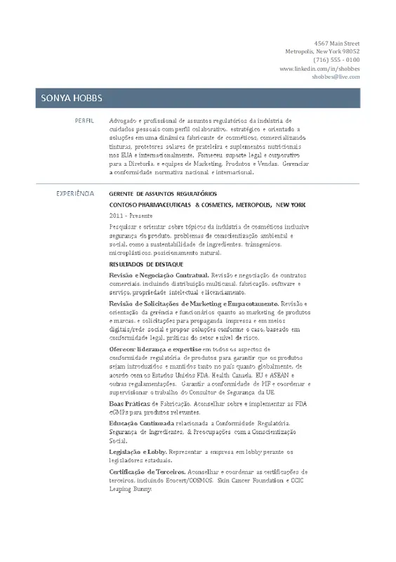 Currículo de gerente de assuntos regulatórios modern simple