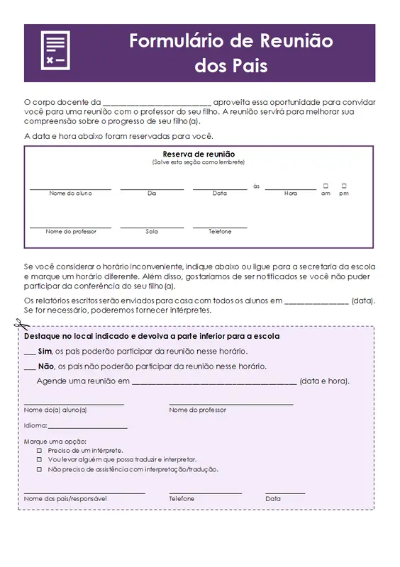 Formulário de reunião dos pais modern simple