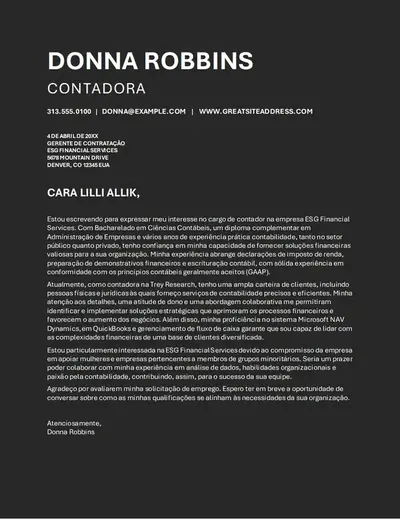 Carta de apresentação do ATS para o setor de finanças