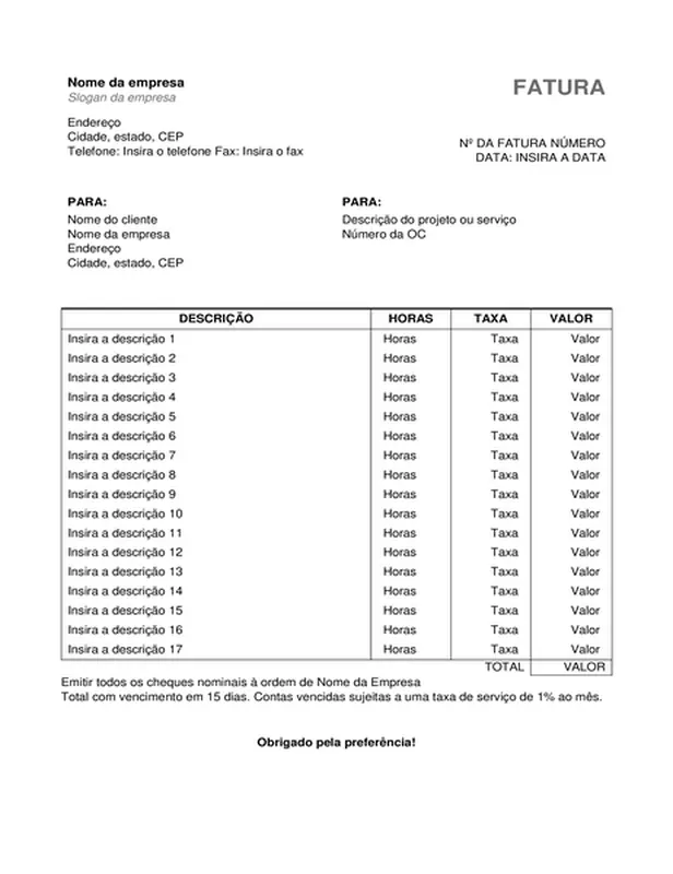 Fatura de serviços com horas e taxa