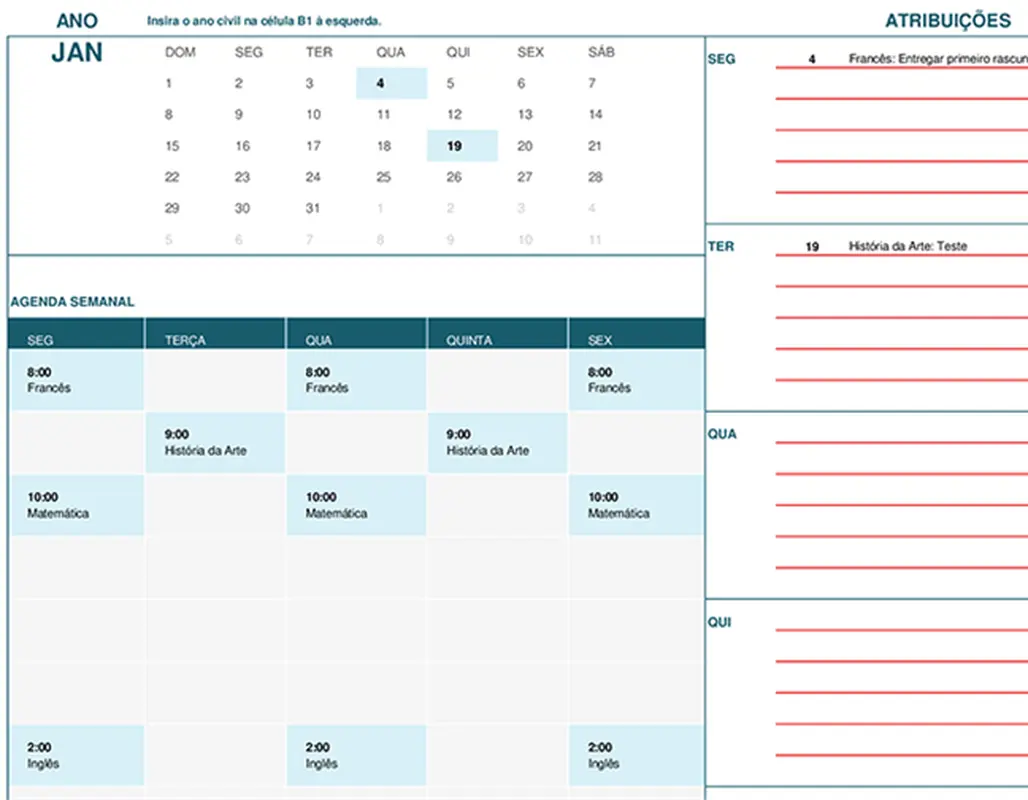 Calendário do aluno (domingo) modern-simple