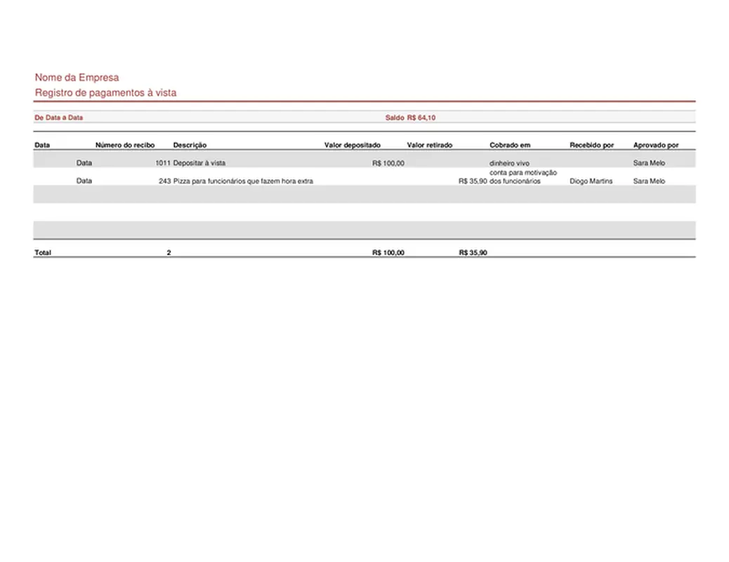 Registro de pagamentos à vista
