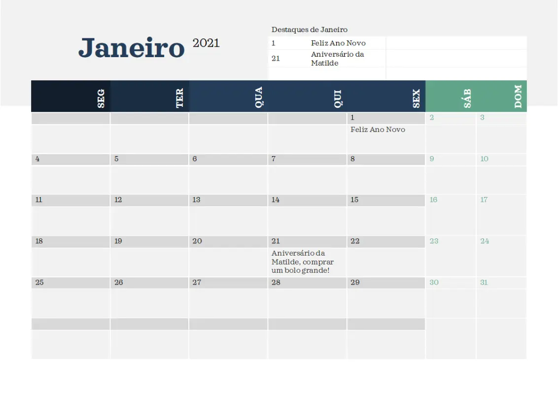 Calendário moderno com destaques blue modern-simple