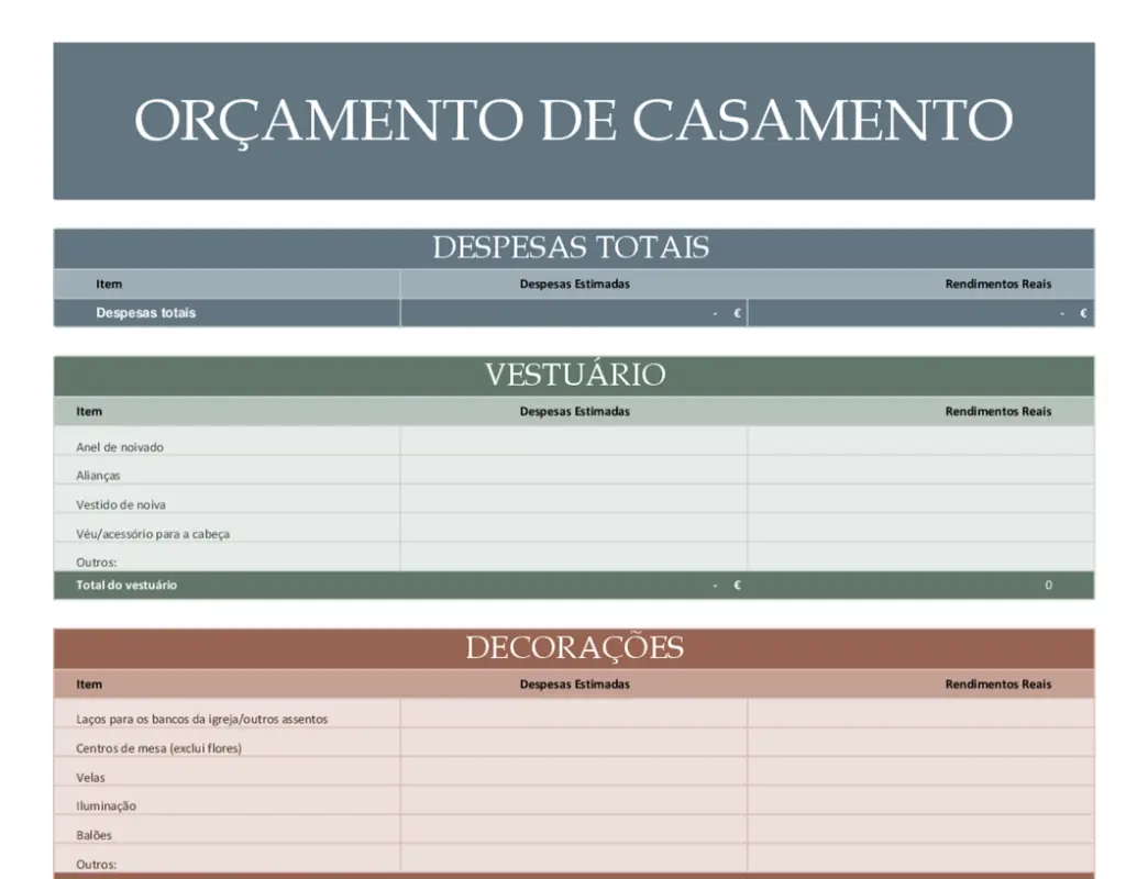 Planeador de orçamento para casamento modern simple