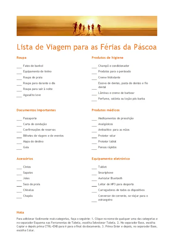 Lista de embalagem de férias