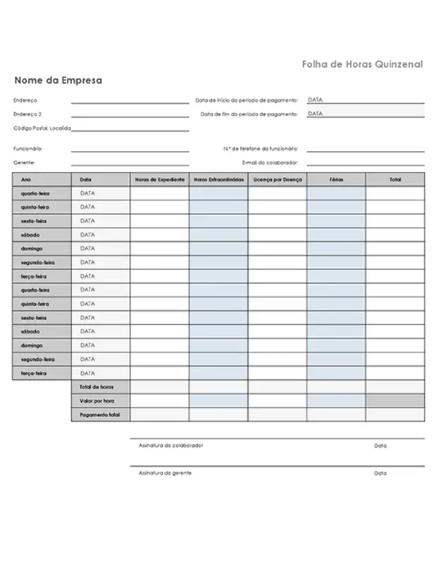 Folha de horas quinzenal com horas de licença por doença e férias gray modern simple