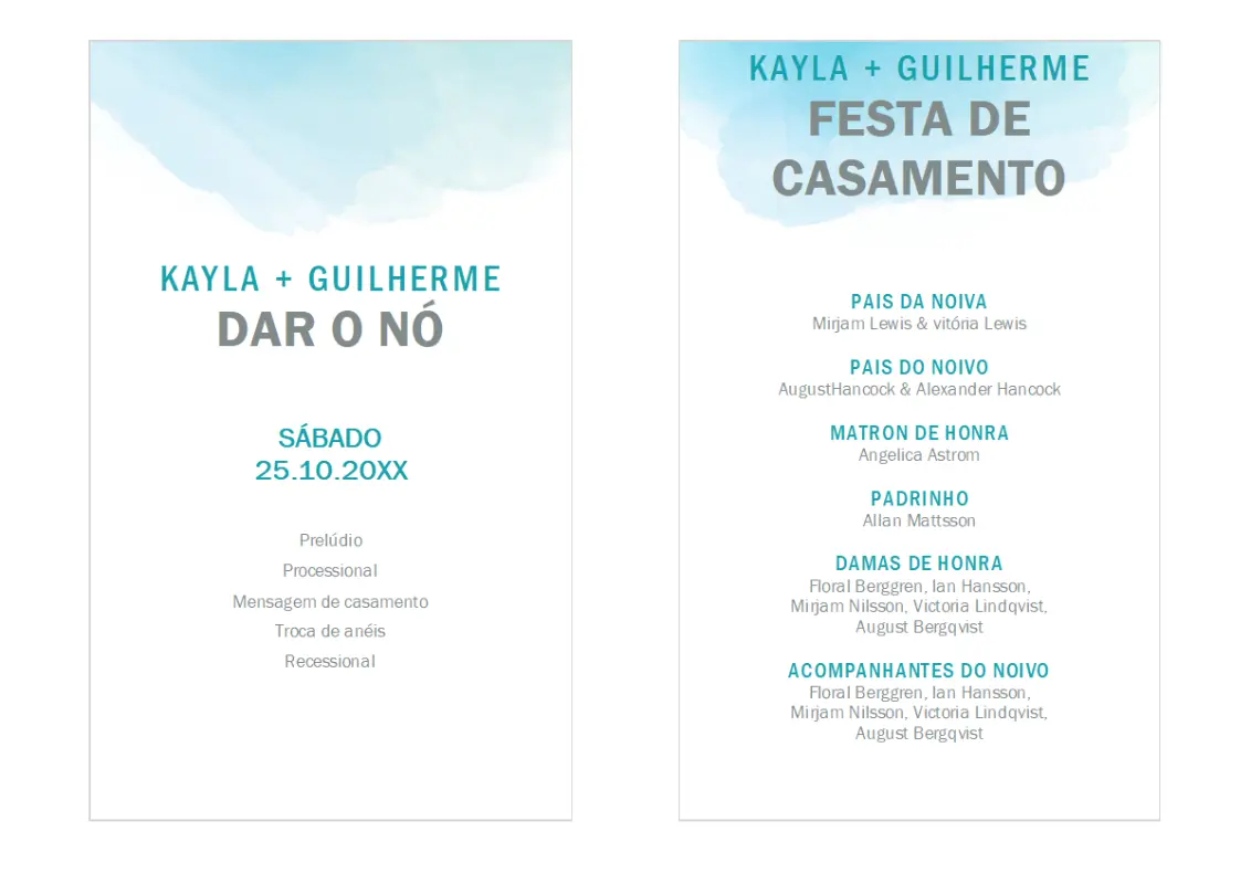 Programa de casamento com acabamento em aguarela blue organic simple