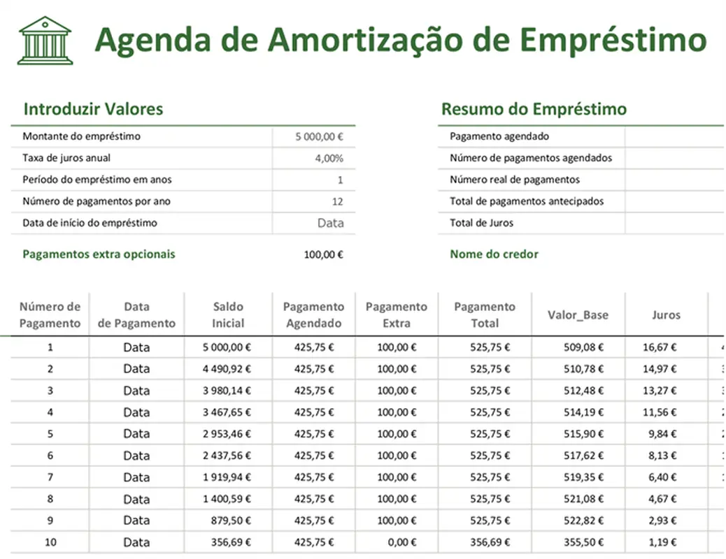 Agenda de amortização de empréstimo modern-simple