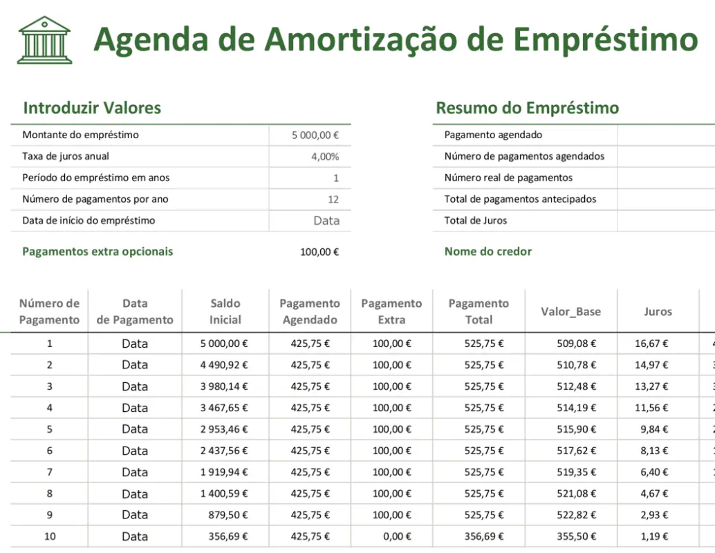 Agenda de amortização de empréstimo green modern-simple