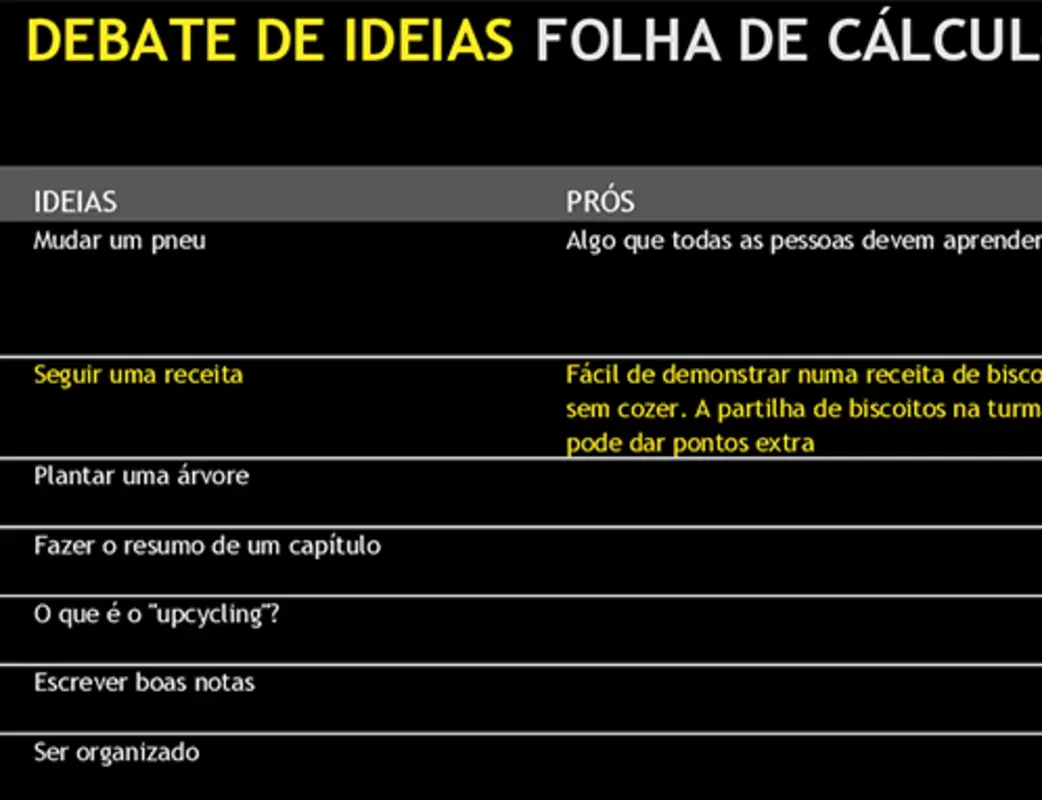 Folha de cálculo de debate de ideias black modern-simple