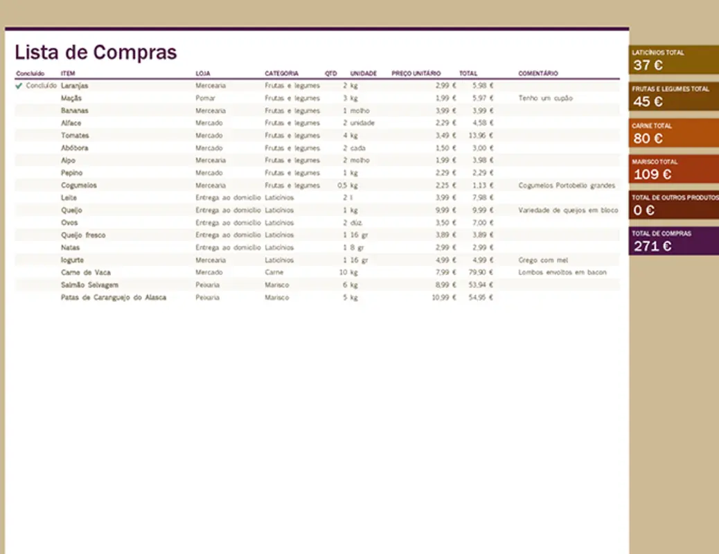 Lista de compras (com totais de categoria) brown modern simple