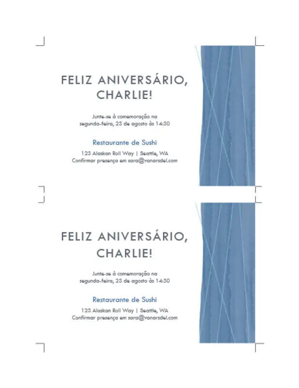 Convites para festa com laço azul (2 por página) organic simple