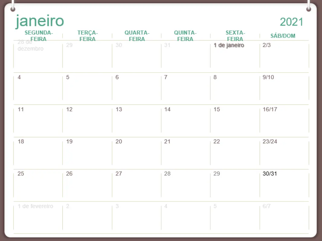 Calendário de parede clássico (segunda-feira a domingo, design de dois anéis) green modern-simple