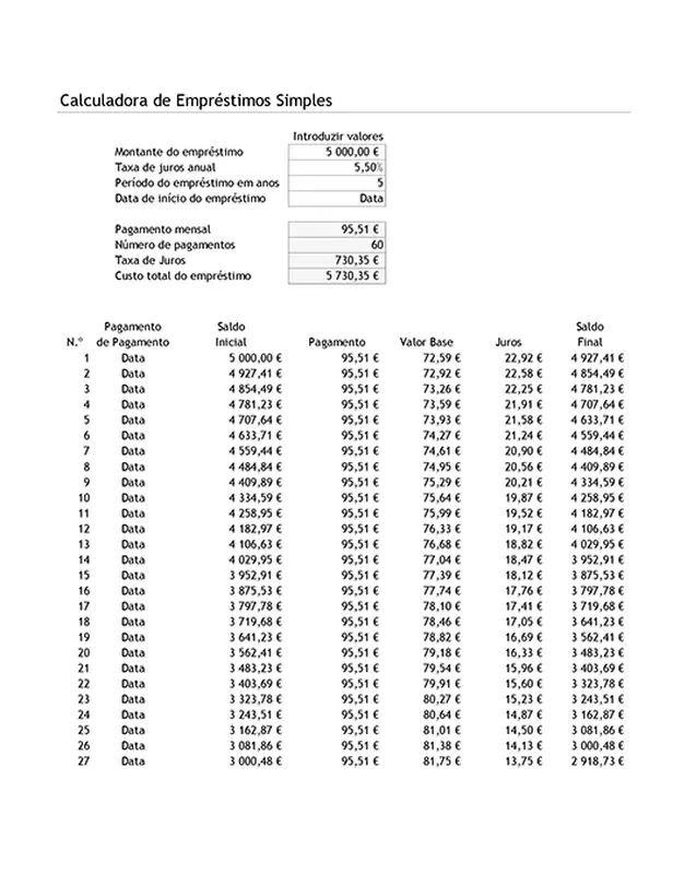 Calculadora de empréstimos e tabela de amortização simplificada modern simple