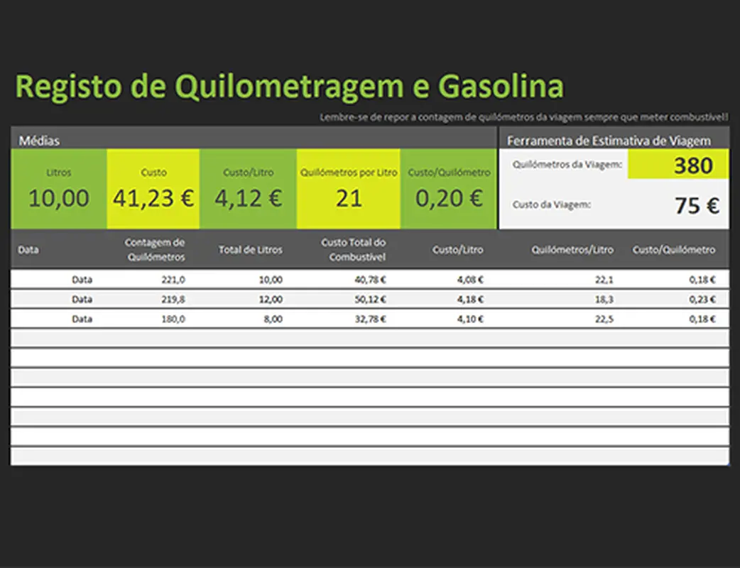 Registo de combustível e quilometragem modern simple
