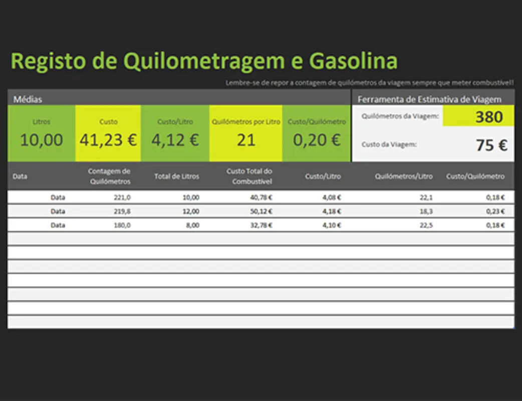 Registo de combustível e quilometragem green modern simple