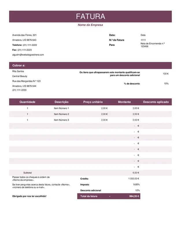 Fatura de vendas colorida modern simple