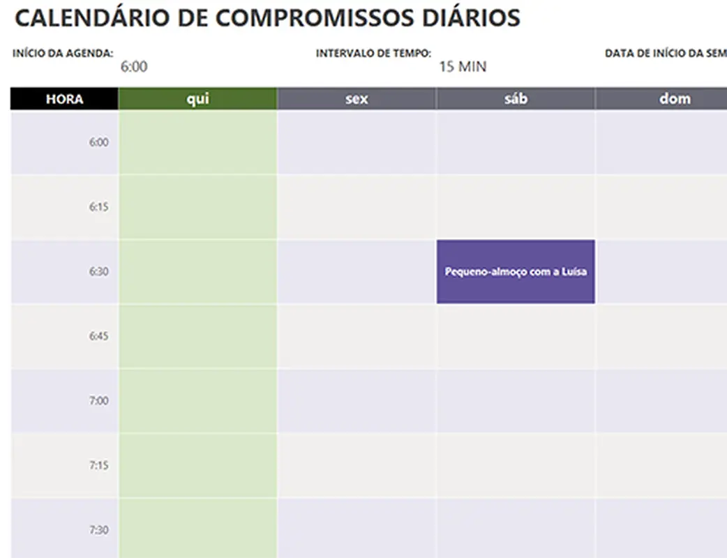 Calendário de compromissos diários