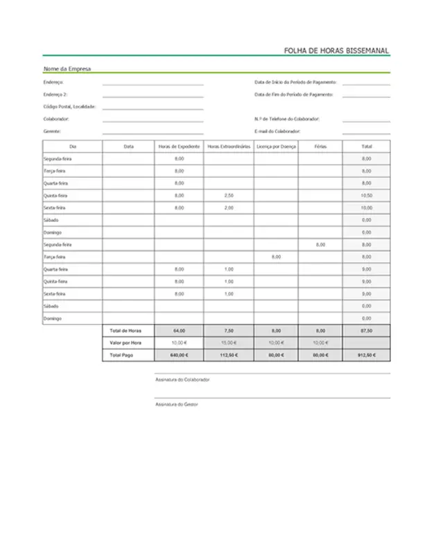 Folha de horas bissemanal com horas de licença por doença e férias (com dados de exemplo) modern simple