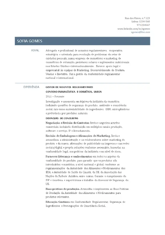 Currículo para gestor de assuntos regulamentares modern simple