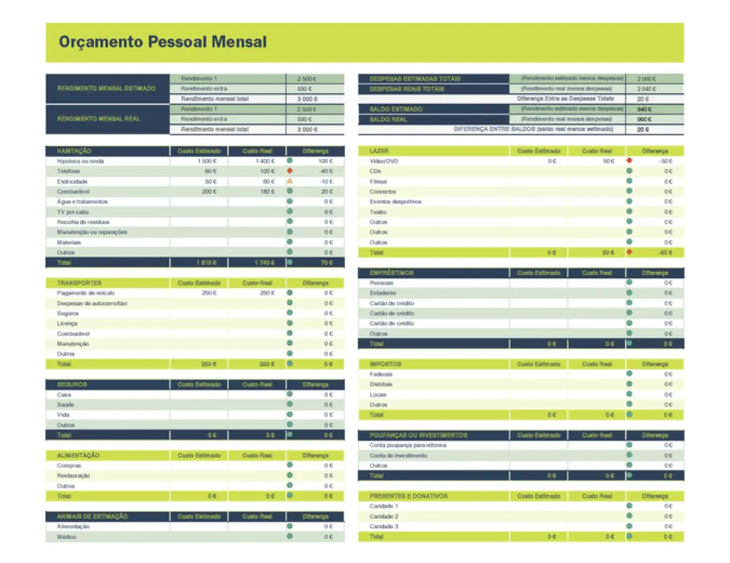 Folha de cálculo de orçamento mensal pessoal green modern-simple