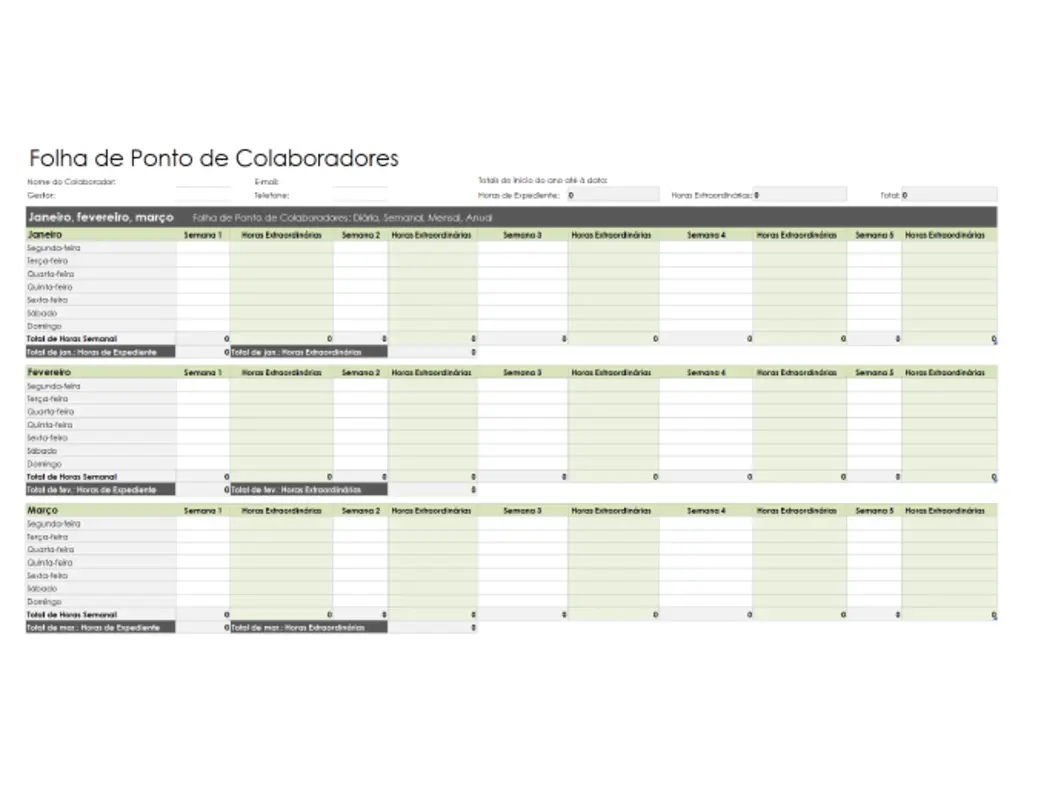 Folha de Ponto de Colaboradores (diária, semanal, mensal e anual) green modern simple