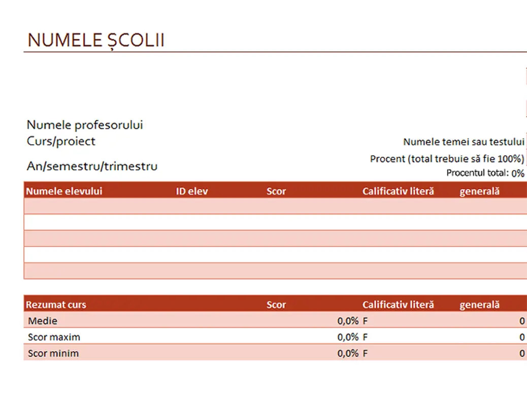 Catalog de note al profesorului (bazate pe procente)