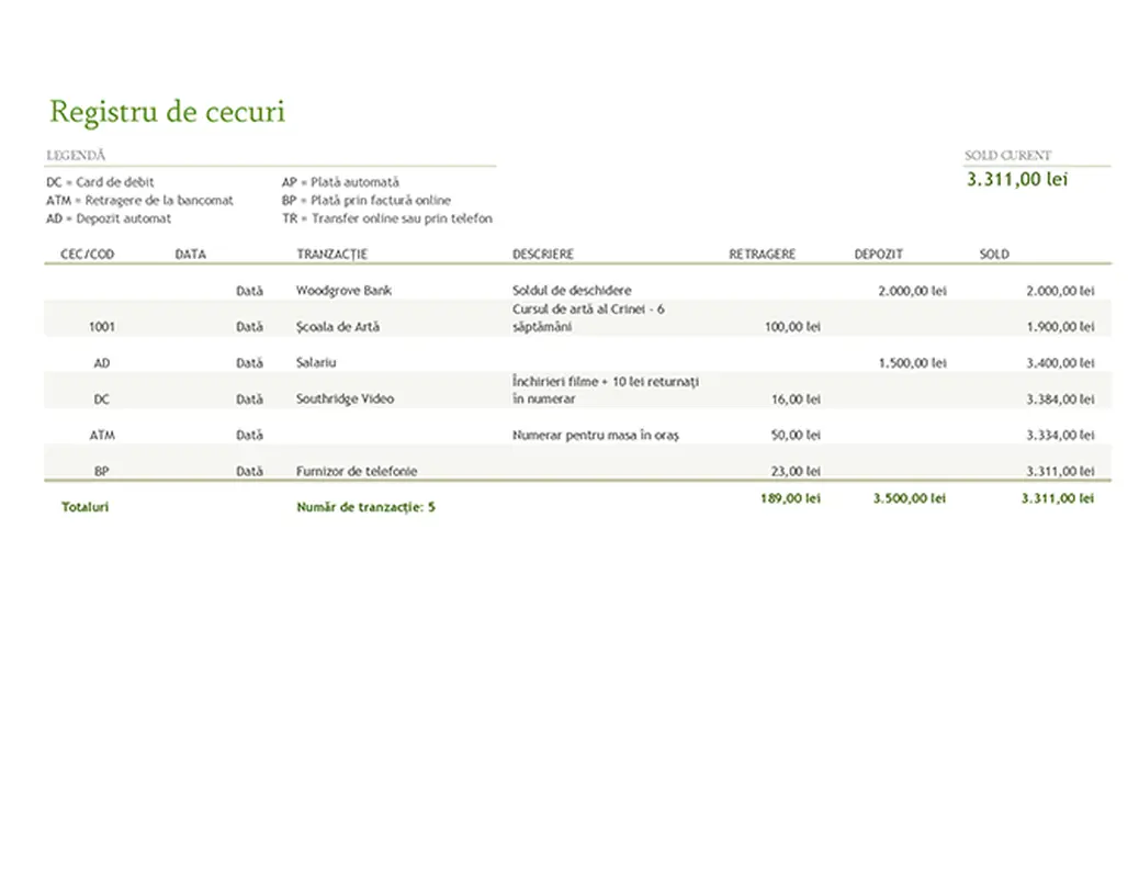 Registru de cecuri cu coduri de tranzacții modern simple