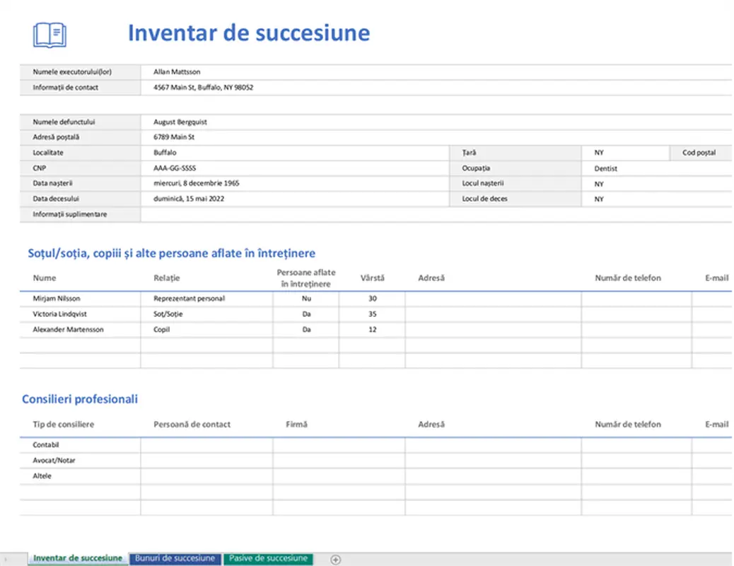 Inventar de succesiune modern simple