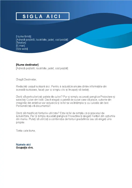 Antet de scrisoare cu curbe albastre modern-simple