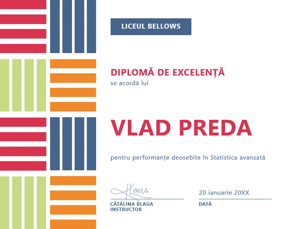 Diplomă de excelență pentru elevi, cu blocuri de culoare modern-color-block
